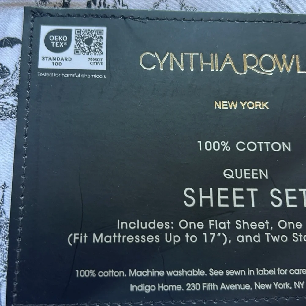 CYNTHIA ROWLEY New Halloween Haunted Toile Black White Queen Sheet Set 4PC